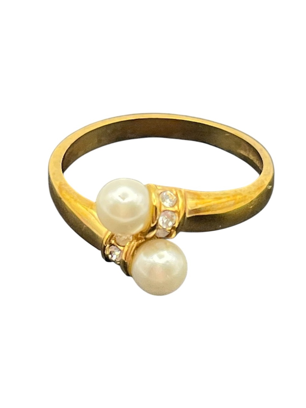 Faux pearl clear rhinestone gold tone bypass ring size 9 vintage